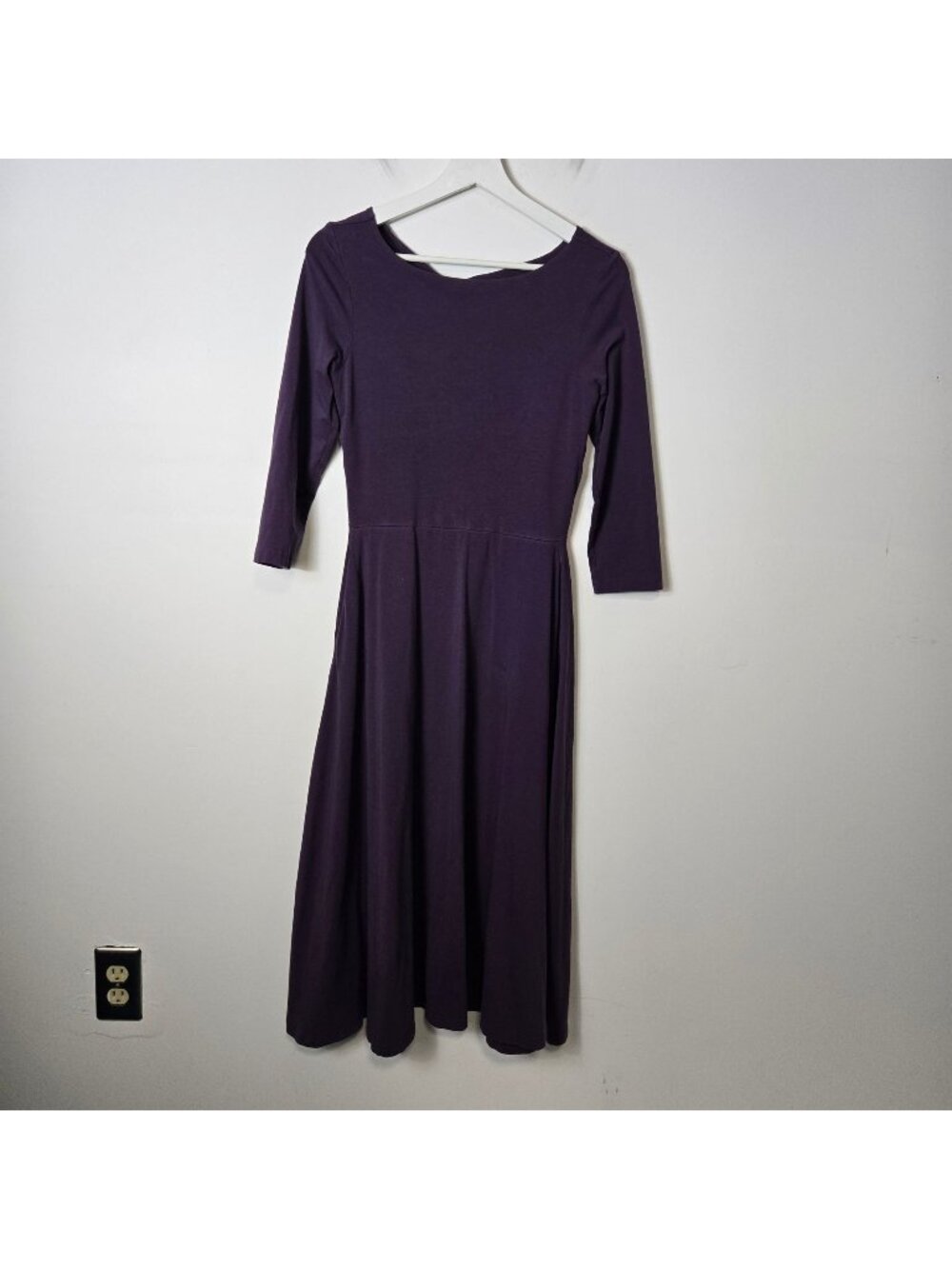 Pact Size S Open-Back Midi Dress 3/4 Sleeve Organic Cotton Wine Purple Fit Flare